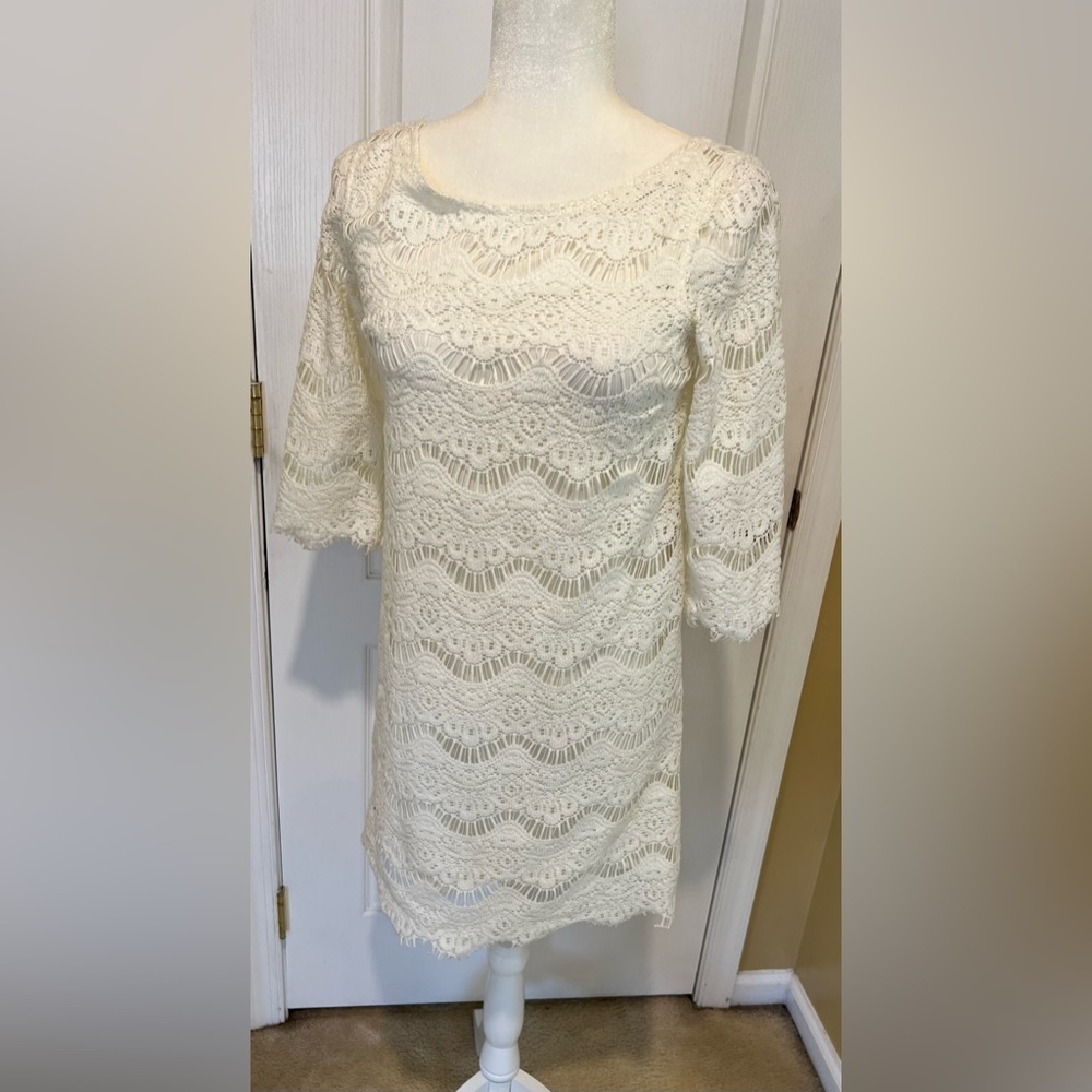 ZARA white lace three-quarter length sleeve dress small
